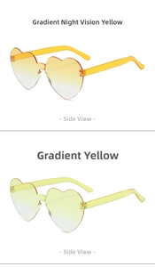 Side view of heart-shaped rimless sunglasses in gradient yellow and orange lenses