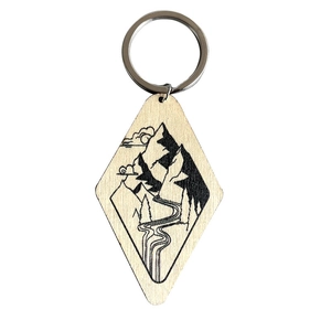 Western cowboy style wooden diamond keychain with vintage cactus and bull head print