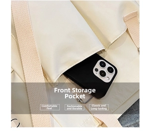 Detail of waterproof canvas bag featuring a front pocket for smartphone storage