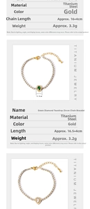 Detailed view of titanium steel gold bracelets with water-drop zircon in green and clear