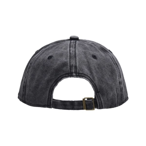 Detail of adjustable metal buckle and strap on the back of washed denim baseball cap
