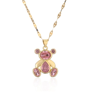 Elegant 18K gold plated necklace featuring a bear pendant with sparkling pink zircon stones