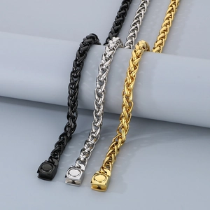 Detailed view of 10mm stainless steel basket weave chains in black, silver, and gold finish