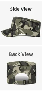 Side and back view of a camouflage cadet hat with adjustable metal buckle and side plate
