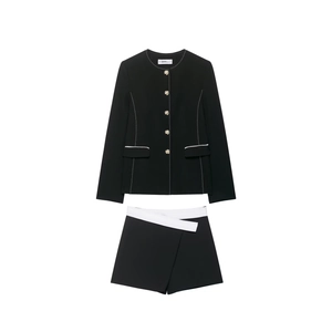 Women Blazer Jacket And Skort Contrast White Trim Gold Buttons Elegant Office Lady Woven Polyester Streetwear