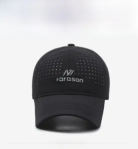 Close-up of black mesh baseball cap showing laser-cut holes and narason logo