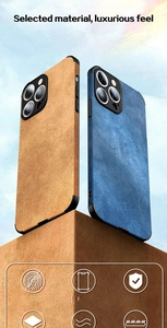 Brown and blue lychee texture leather phone cases shown against a sunny sky background