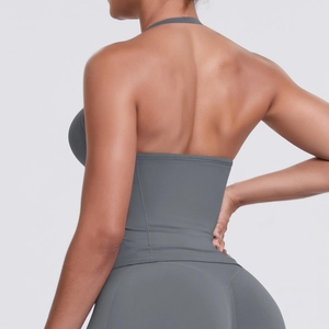 Detailed back view of high-impact sports bra and leggings set with cross-back design