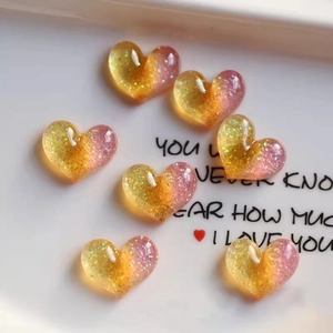 Gradient yellow and pink heart resin charms with glitter finish for DIY hair accessories