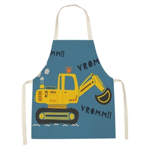 Detailed close-up of blue apron with yellow excavator print and white tie straps