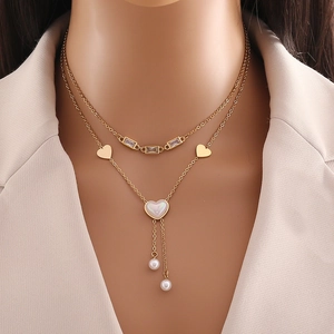 Stainless Steel Double Layer Necklace Heart Mother Of Artificial Pearl Pendant Crystal Artificial Pearl Tassel Fashion Jewelry For Women