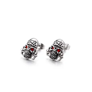 Orecchini A Lobo Teschio Vintage Acciaio Inossidabile 316L Punk Gothic Occhi Di Strass Rossi Gioielli Per Uomo