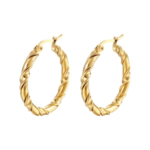 Minimalist gold-plated stainless steel twisted rope hoop earrings for women on white background