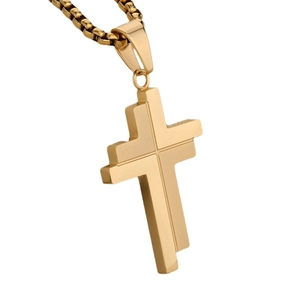 Sleek gold stainless steel cross pendant necklace with polished box chain on white background