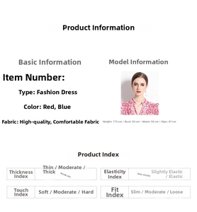 Size chart showing slim fit blue porcelain dress specs with model measurements