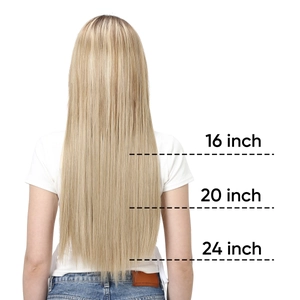 Hair extension length guide showing 16, 20, and 24 inch long straight synthetic hair
