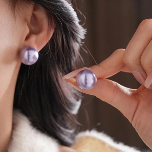 Purple Round Imitation Artificial Pearl Stud Earrings For Women With Silver Earring Post French Retro Minimalist Gold Plated