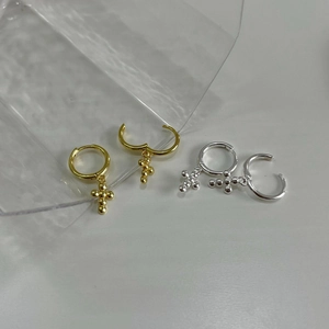 Minimalist S925 sterling silver cross bead drop hoop earrings in gold and silver