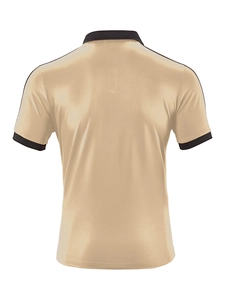 Back view of khaki men's short-sleeve polo shirt with black contrast trim on collar and cuffs