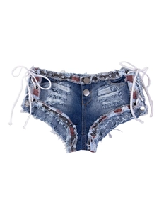 Pantaloncini di jeans blu sexy a vita bassa con lacci laterali e bordi strappati
