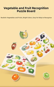 Close-up of wooden fruit and vegetable peg puzzles with natural wood handles for toddlers