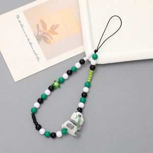 Handmade beaded phone strap featuring white and black beads with a panda charm