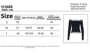 Detailed size chart with a visual of the black off-shoulder lace long sleeve top