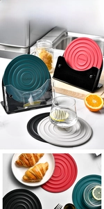 Detailed view of heat-resistant silicone round trivets in various colors for kitchen table