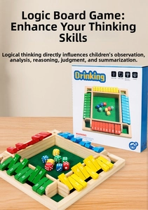 Detailed macro view of four-sided wooden board game with dice and retail packaging box
