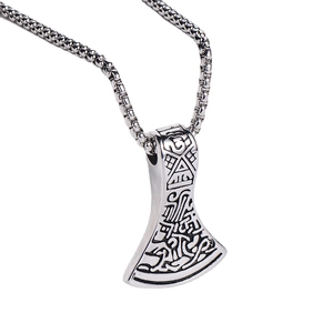 Viking Thor's hammer axe pendant necklace in antique silver finish with intricate carvings