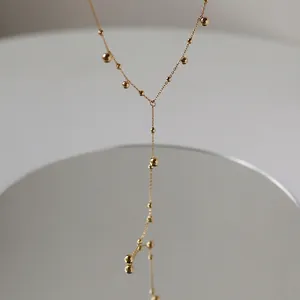 Elegant 18K gold-plated titanium steel Y-shape tassel necklace with polished gold beads