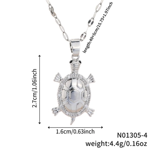 Silver turtle pendant necklace with zircon inlay and product size specifications