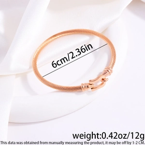 Macro view of rose gold steel cable bracelet with 6cm diameter size and weight details