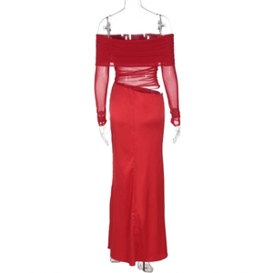 Rear view of long red off-shoulder gown with mesh sleeves and back cutout details