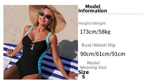 Maillot de bain une pièce noir pour femme avec détails bleus et guide des tailles complet