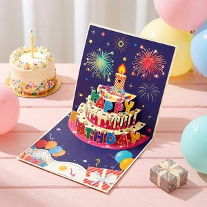 3D pop-up birthday card with layered cake design and festive party decorations