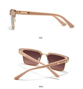 Side and back views of beige square sunglasses with gold accents and gradient brown lenses