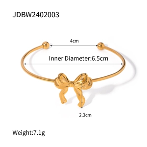 Gold stainless steel open bangle bracelet with bow charm and dimensions specs