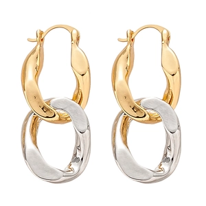 Gold and silver interlocking geometric earrings with hammered texture and minimalist design