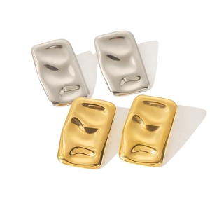 Rectangular crumpled 18k gold and silver titanium steel stud earrings set on white background