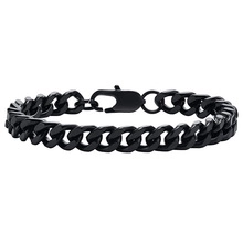 Detailed view of a black Cuban link bracelet with a secure lobster clasp and metallic finish
