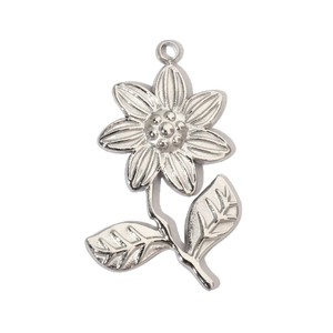 Detail view of silver floral pendant charm with leaf accents for DIY jewelry making