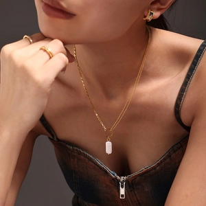 Baroque pearl pendant necklace set with 18k gold plated stainless steel and gems
