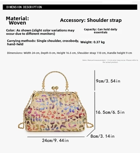 Detailed size chart for straw woven clutch showing dimensions 24x8x16.5 cm and gold chain