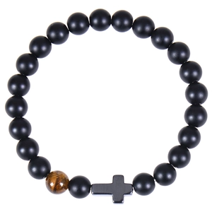 Black matte beaded bracelet featuring a brown tiger eye stone and a black cross pendant