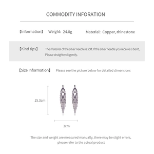 Detailed dimension guide for silver tassel rhinestone drop earrings with 15.3cm length