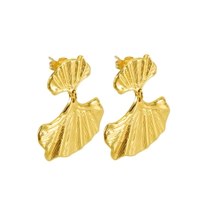 Golden ginkgo leaf earrings with bionic leaf vein texture on a clean white background