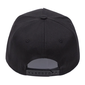 Detail view of black snapback hat showing adjustable plastic strap and woven fabric texture
