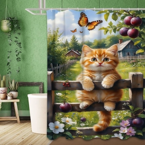 Detail view of vivid cat landscape shower curtain in a modern bathroom setting