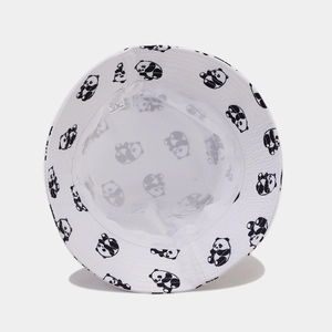 White bucket hat with panda print featuring breathable mesh lining and interior label